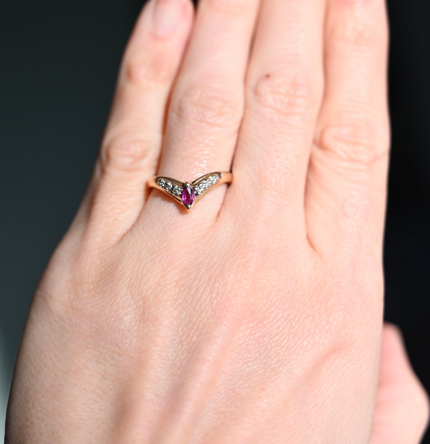 Vintage 14K Yellow Gold Ruby & Diamond V Ring – Marquise Ruby Chevron Band – July Birthstone Statement Ring