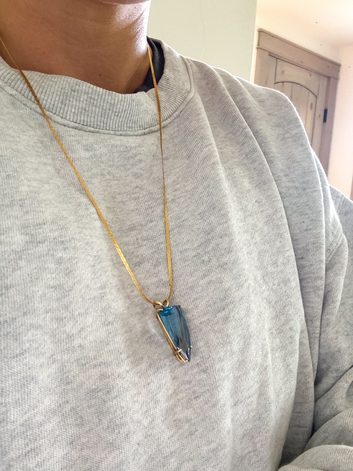 Vintage 14k Yellow Gold Blue Topaz Necklace – Trillion Cut Pendant, 24” Chain