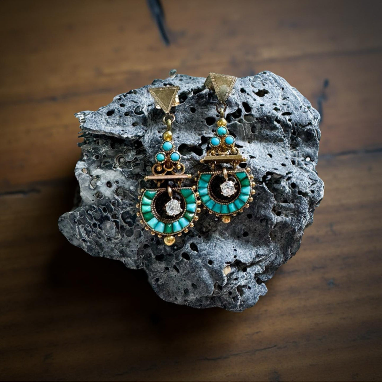 Antique Turquoise and Old Mine Cut Diamond Earrings