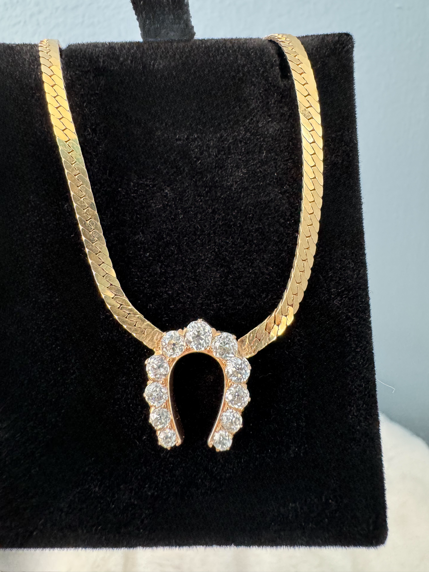 Vintage 14K Gold Herringbone Chain with Antique Diamond Horseshoe Pendant