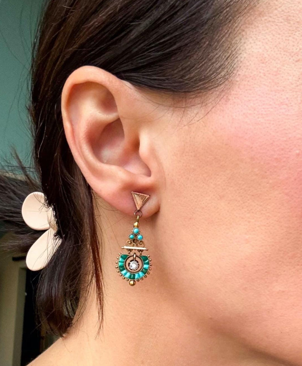 Antique Turquoise and Old Mine Cut Diamond Earrings