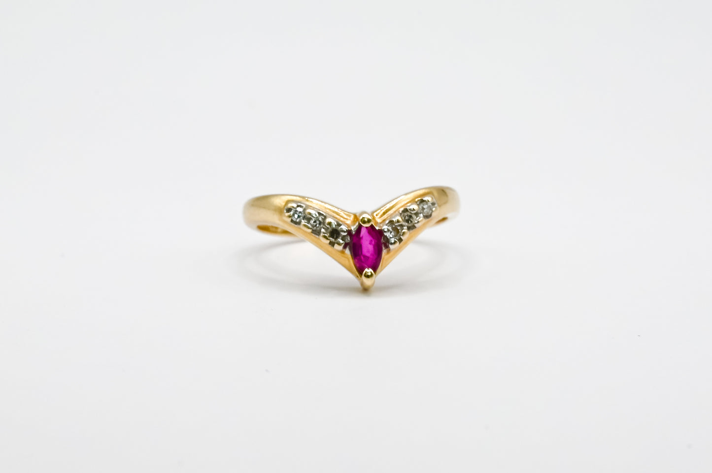Vintage 14K Yellow Gold Ruby & Diamond V Ring – Marquise Ruby Chevron Band – July Birthstone Statement Ring