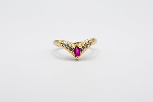 Vintage 14K Yellow Gold Ruby & Diamond V Ring – Marquise Ruby Chevron Band – July Birthstone Statement Ring