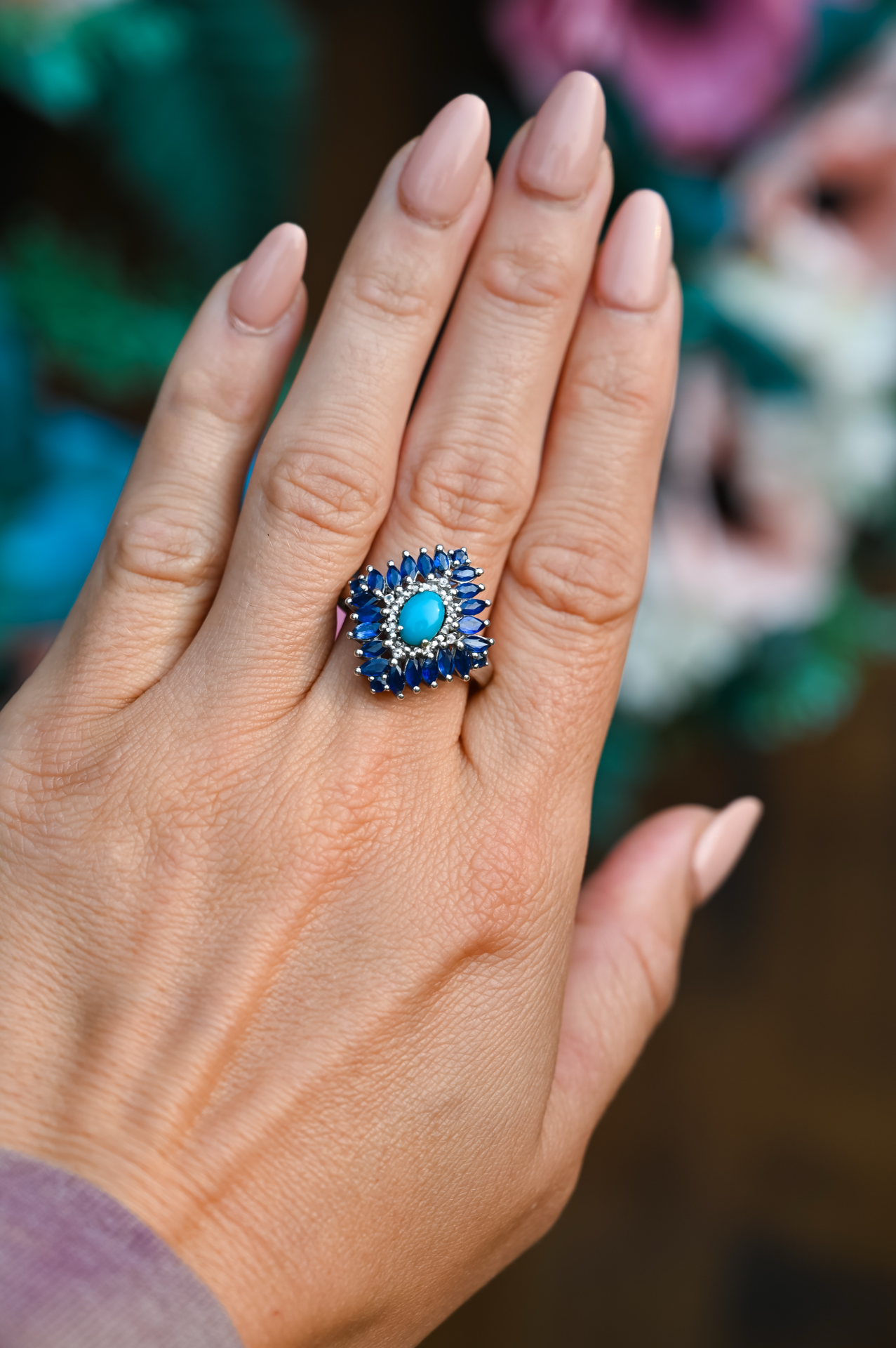 Sterling Silver, Turquoise  & Topaz  Halo Ring