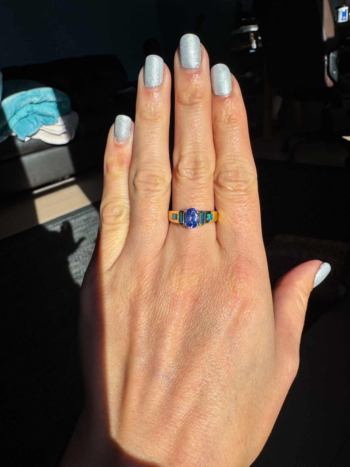 Tanzanite, Diamond & Opal Inlay Ring | Yellow Gold Statement Ring - Size 7