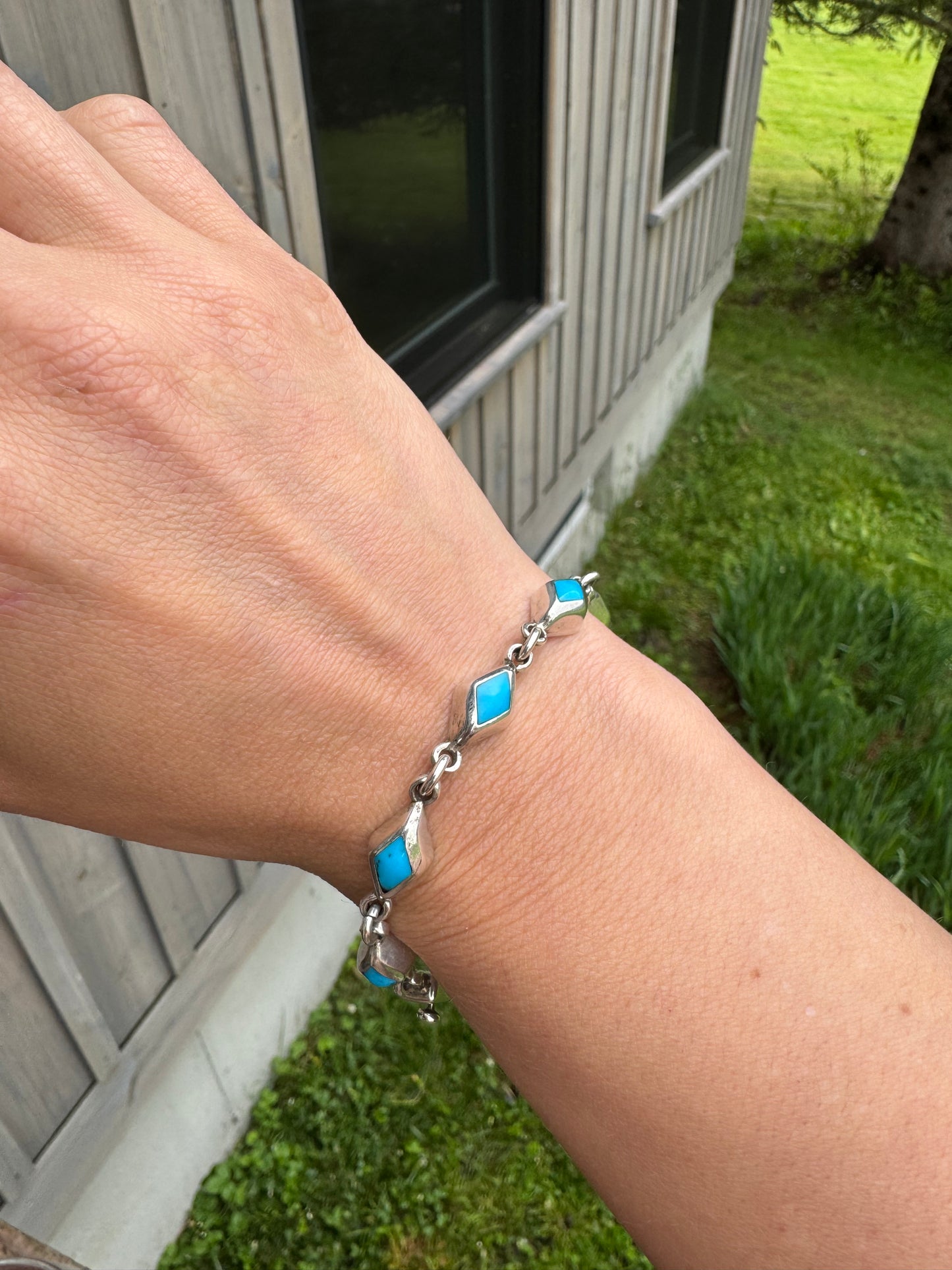 Vintage Sterling Silver Turquoise Inlay Link Bracelet