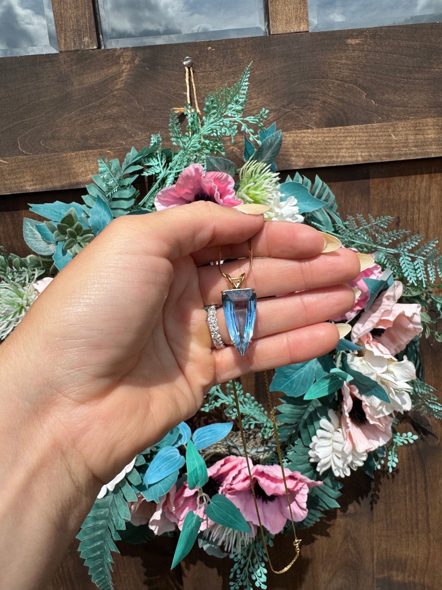 Vintage 14k Yellow Gold Blue Topaz Necklace – Trillion Cut Pendant, 24” Chain