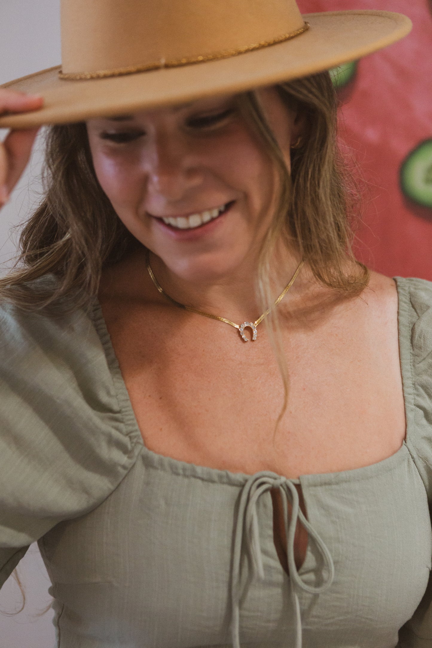 Vintage 14K Gold Herringbone Chain with Antique Diamond Horseshoe Pendant