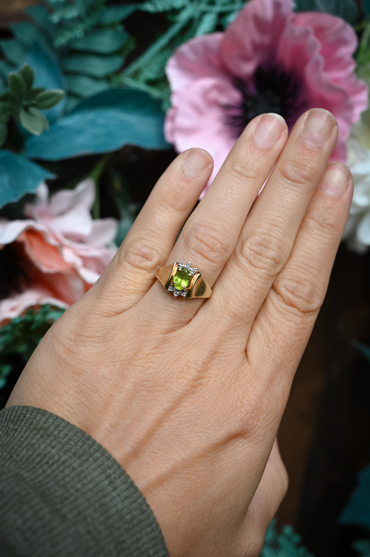 Vintage 10k Yellow Gold Peridot & Diamond Ring | Size 5.5 | Retro Statement Ring | August Birthstone Jewelry
