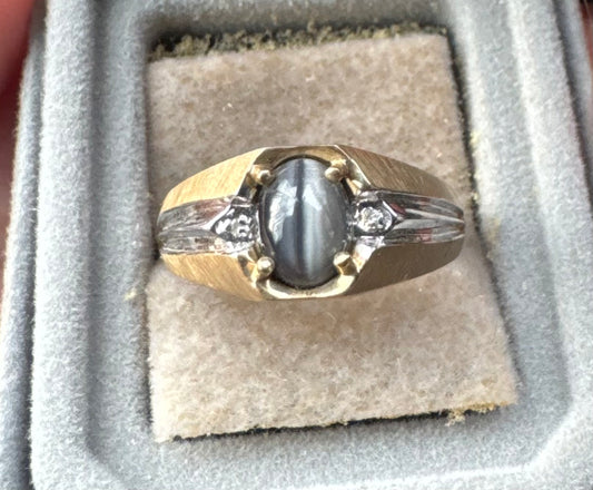 10k yellow & white gold with grey cats eye & diamond ring
