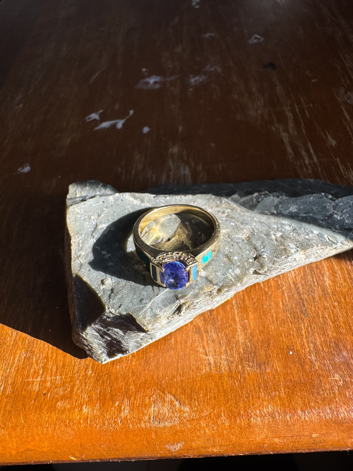 Tanzanite, Diamond & Opal Inlay Ring | Yellow Gold Statement Ring - Size 7