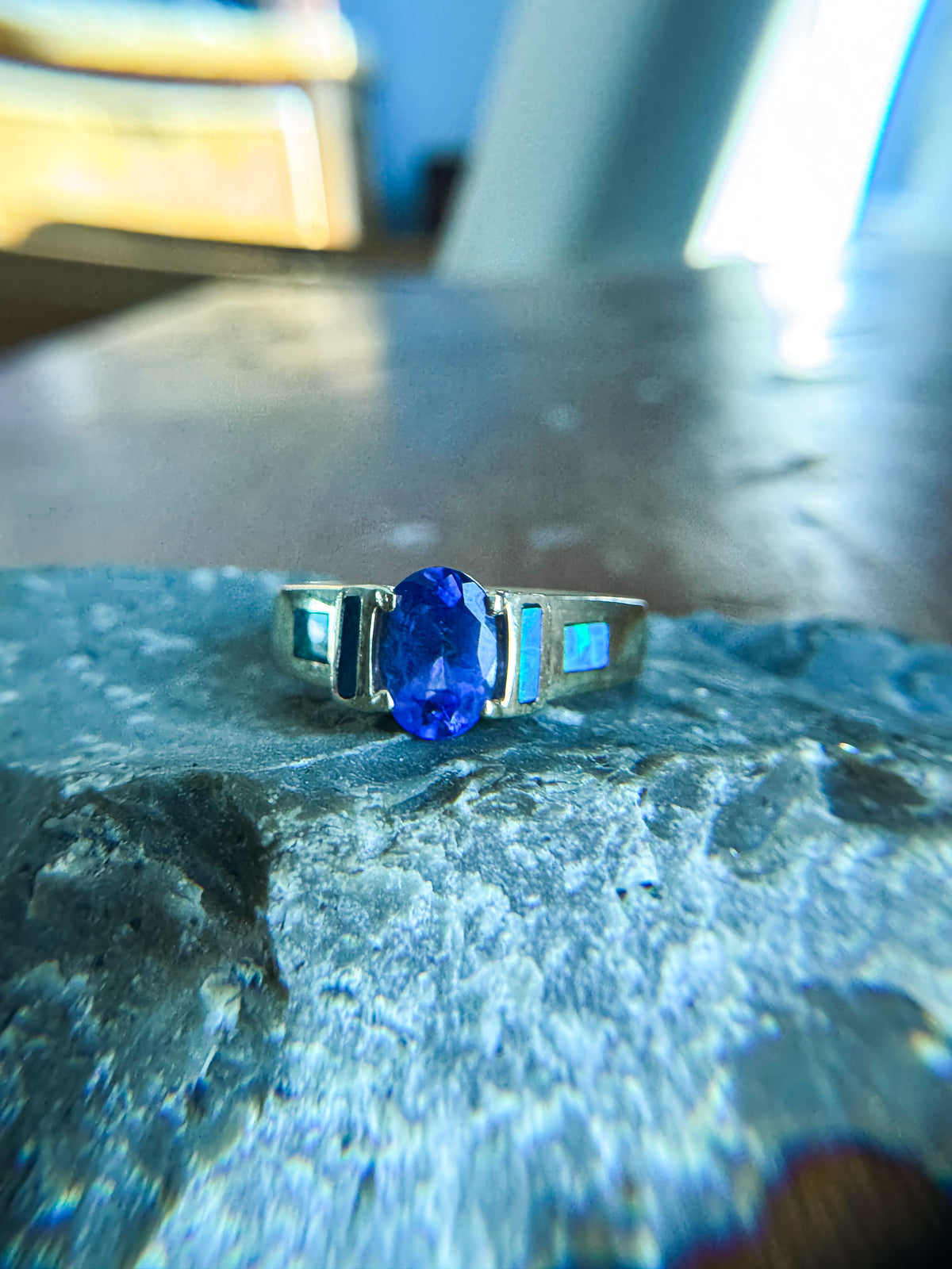 Tanzanite, Diamond & Opal Inlay Ring | Yellow Gold Statement Ring - Size 7