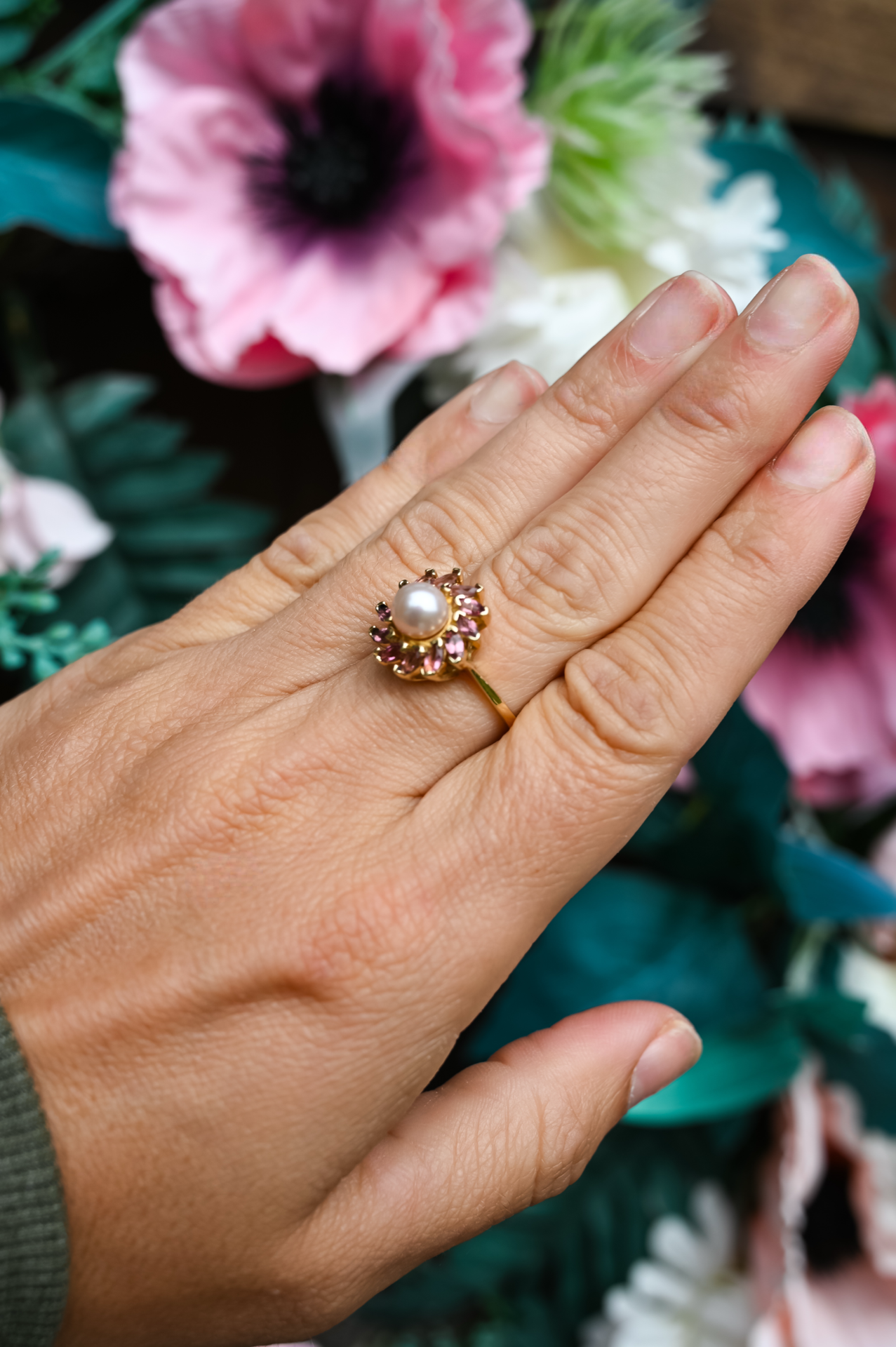 Vintage Pearl & Tourmaline Halo Ring – 14k Yellow Gold