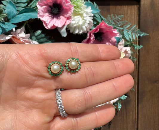 Vintage Emerald & Pearl Floral Stud Earrings