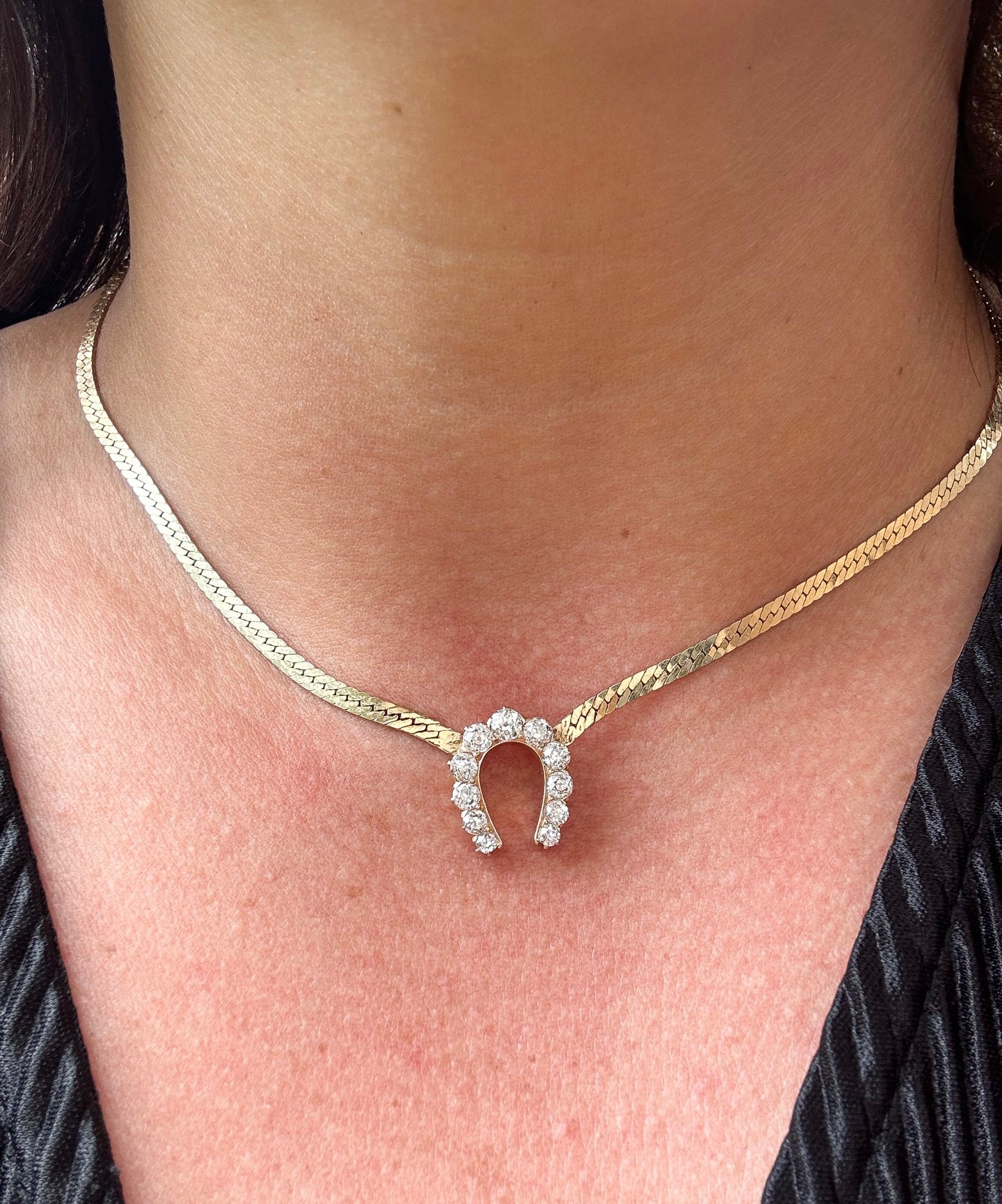 Vintage 14K Gold Herringbone Chain with Antique Diamond Horseshoe Pendant