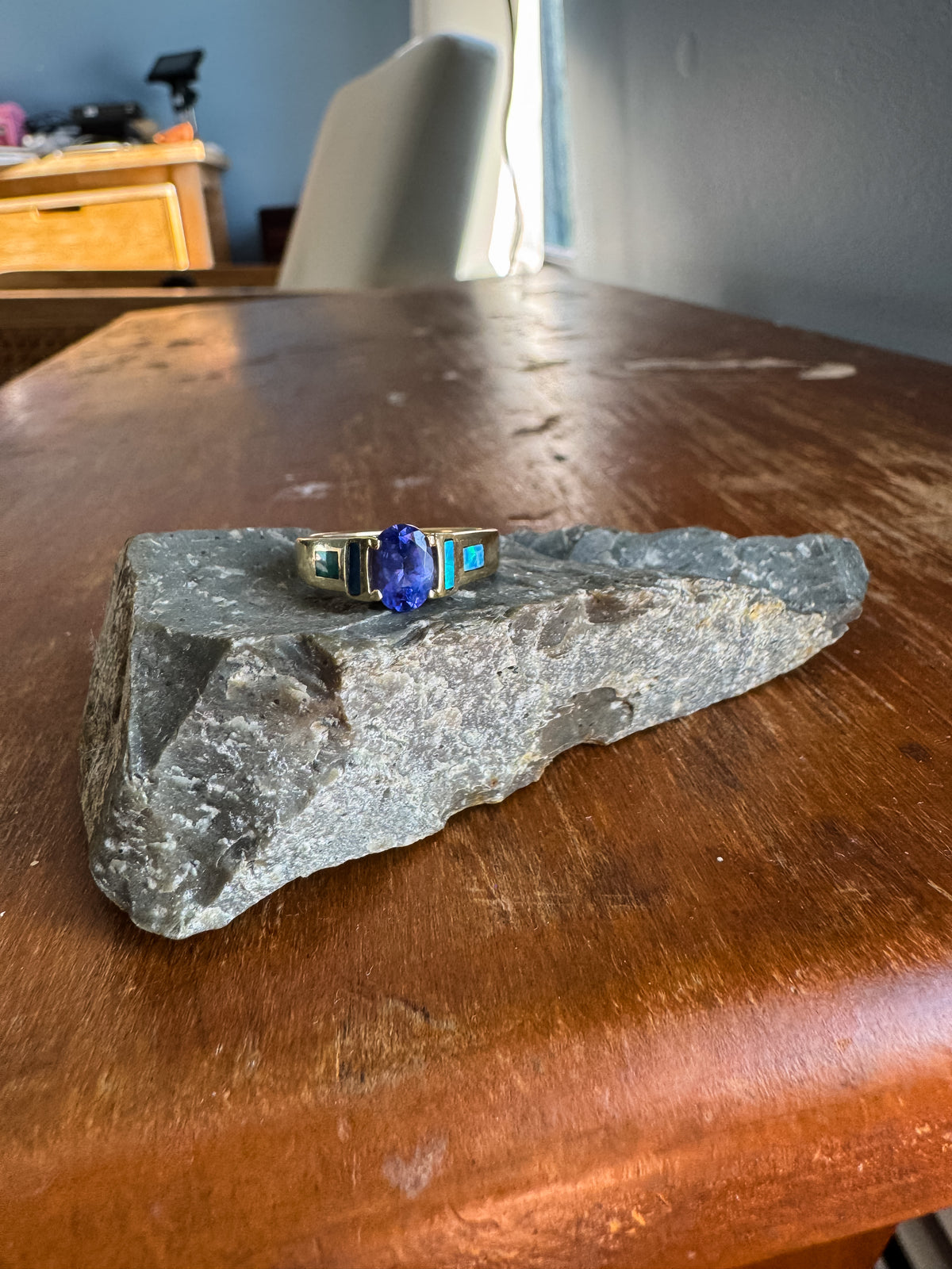 Tanzanite, Diamond & Opal Inlay Ring | Yellow Gold Statement Ring - Size 7