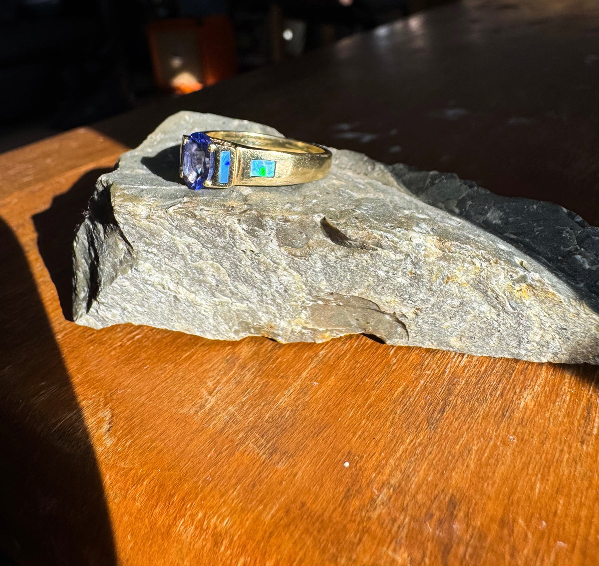 Tanzanite, Diamond & Opal Inlay Ring | Yellow Gold Statement Ring - Size 7