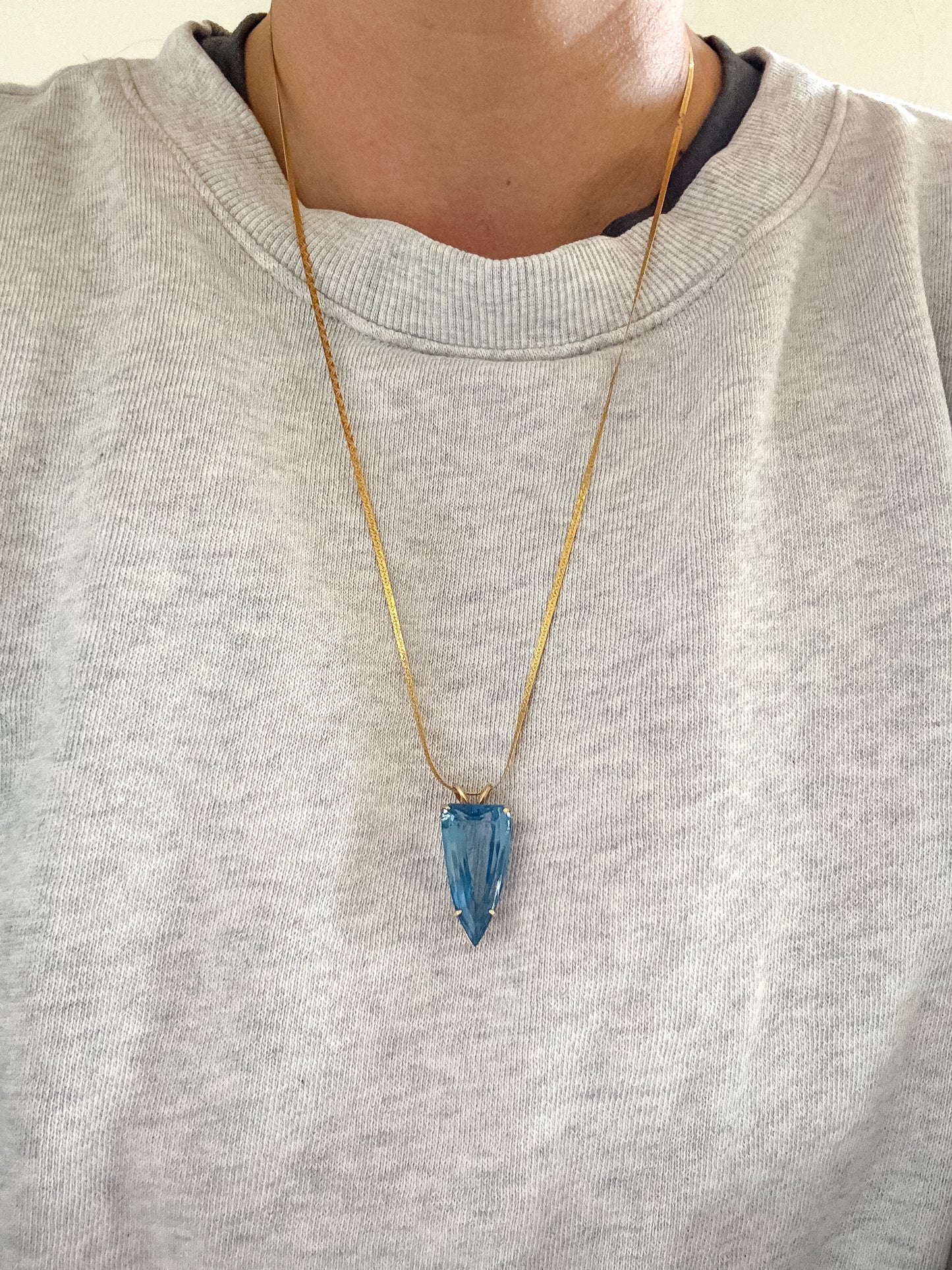 Vintage 14k Yellow Gold Blue Topaz Necklace – Trillion Cut Pendant, 24” Chain