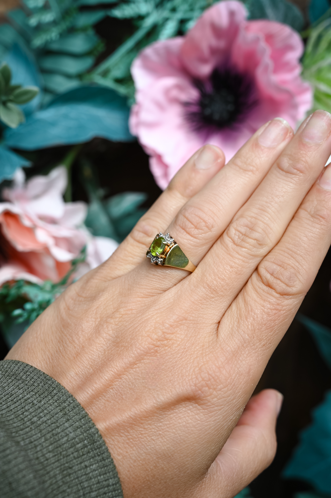 Vintage 10k Yellow Gold Peridot & Diamond Ring | Size 5.5 | Retro Statement Ring | August Birthstone Jewelry