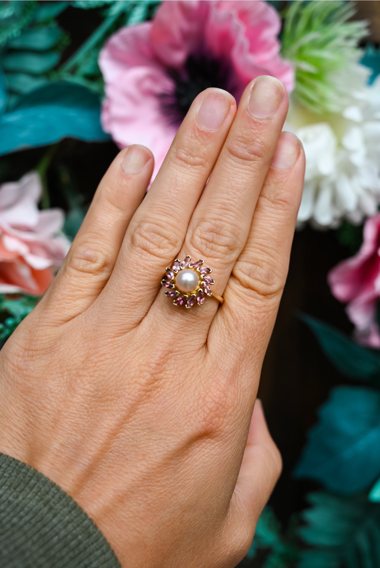 Vintage Pearl & Tourmaline Halo Ring – 14k Yellow Gold