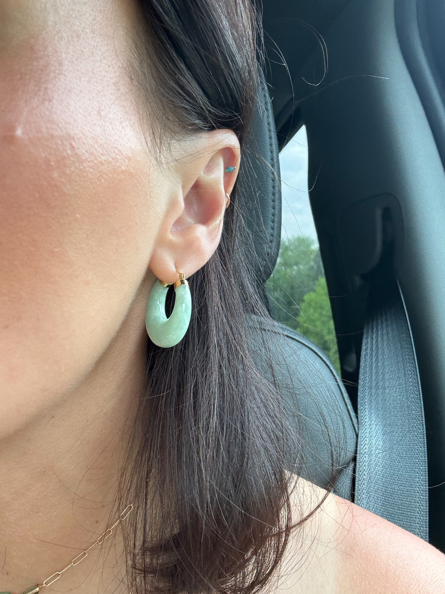 Vintage 14K Yellow Gold & Green Jade Hoop Earrings