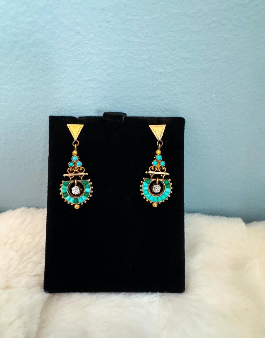 Antique Turquoise and Old Mine Cut Diamond Earrings