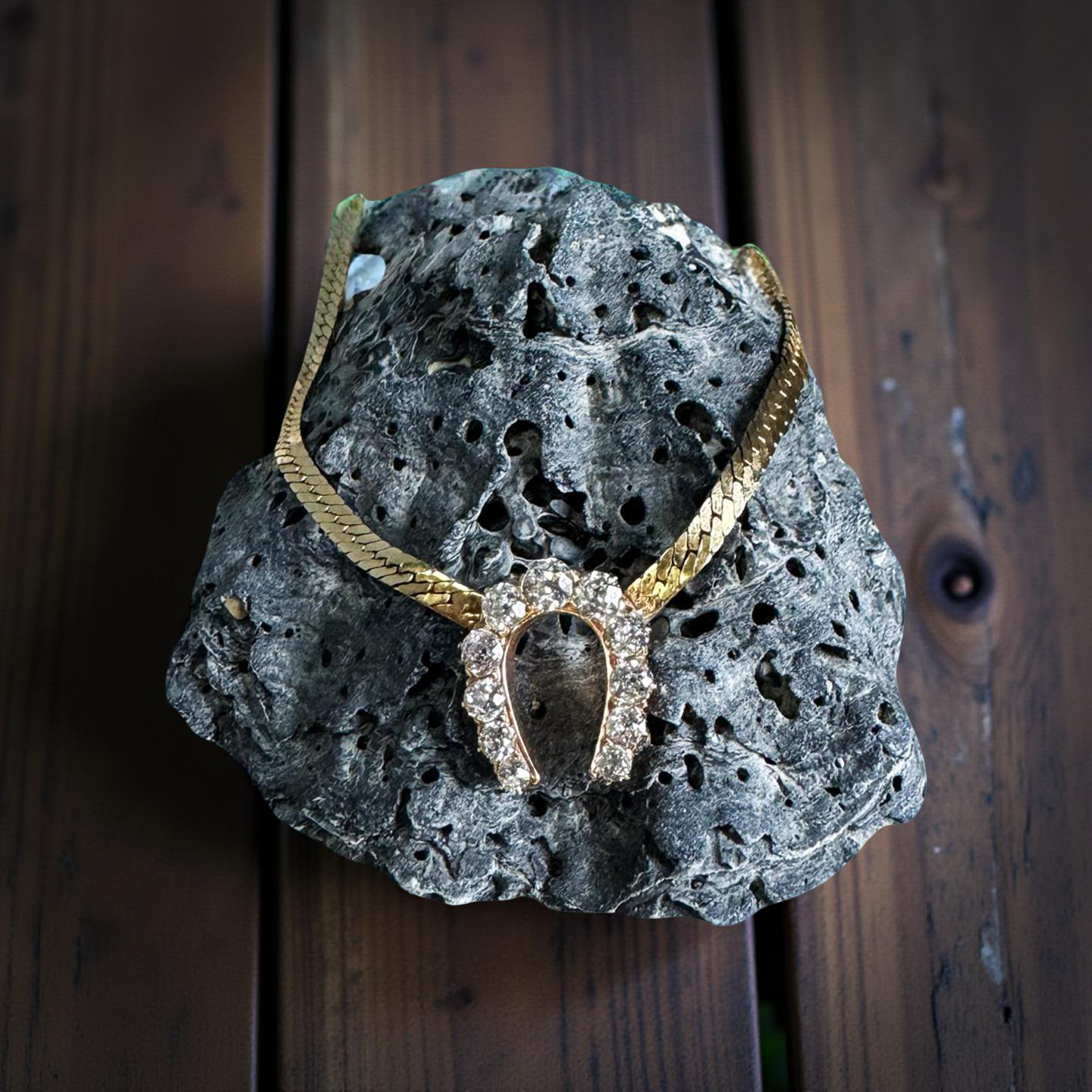 Vintage 14K Gold Herringbone Chain with Antique Diamond Horseshoe Pendant