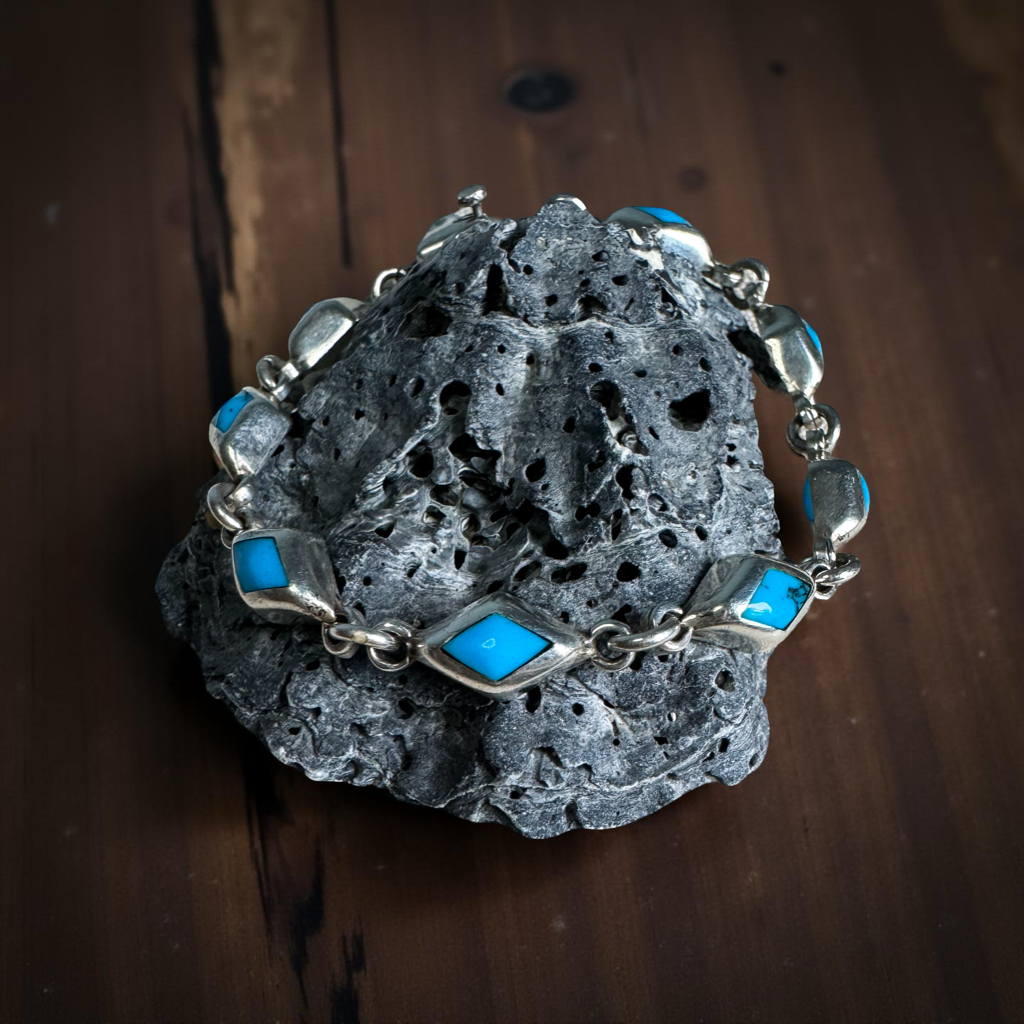 Vintage Sterling Silver Turquoise Inlay Link Bracelet