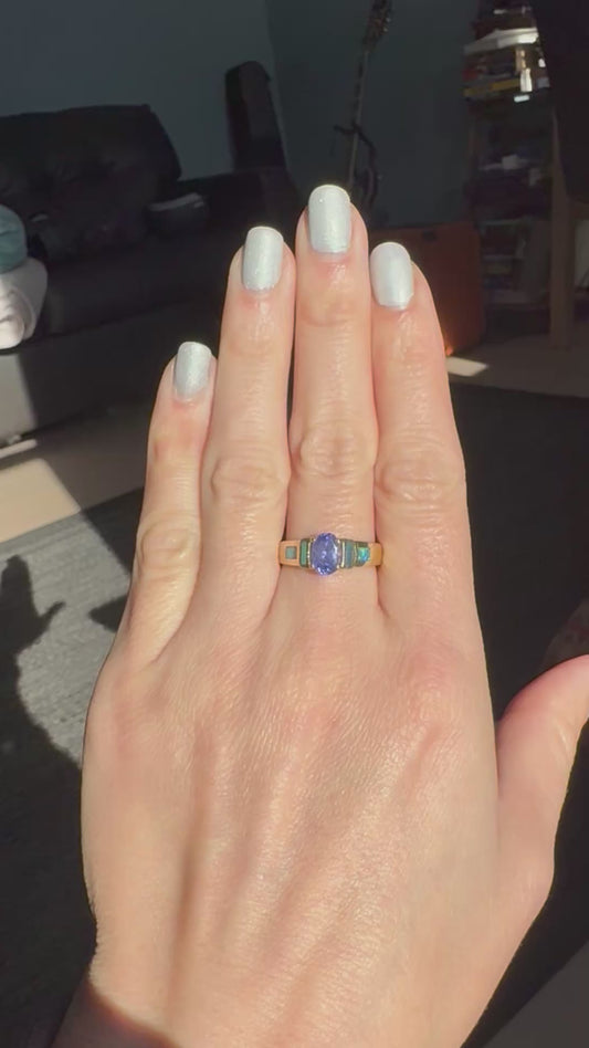 Tanzanite, Diamond & Opal Inlay Ring | Yellow Gold Statement Ring - Size 7